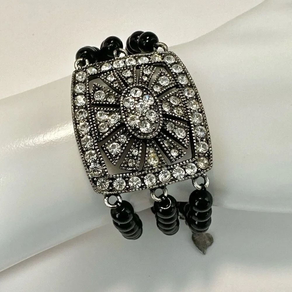 Sterling silver art deco rhinestone black beaded bracelet